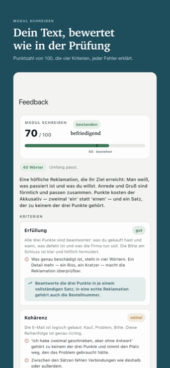 Bewertung eines Schreiben-Texts: 78 von 100, Kriterien mit Begründung