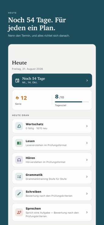 Startbildschirm mit Countdown bis zur Prüfung und Tagesplan