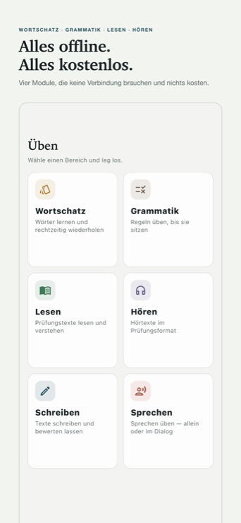 Übungsbereich mit Wortschatz, Grammatik, Lesen und Hören