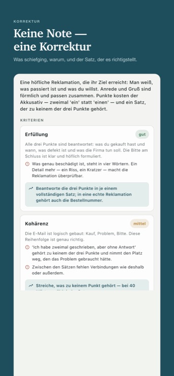Korrektur mit konkreten Fehlern und Verbesserungen je Kriterium