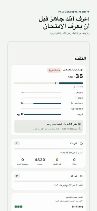 اعرف أنك جاهز قبل أن يعرف الامتحان — رقم واحد من نتائجك ومفرداتك وانتظام تدريبك.