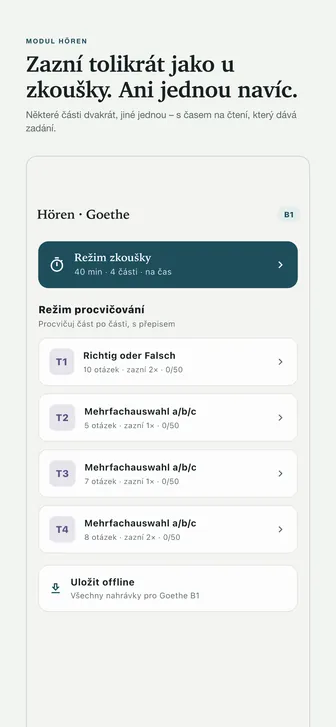 Zazní tolikrát jako u zkoušky. Ani jednou navíc. — Některé části dvakrát, jiné jednou – s časem na čtení, který dává zadání.