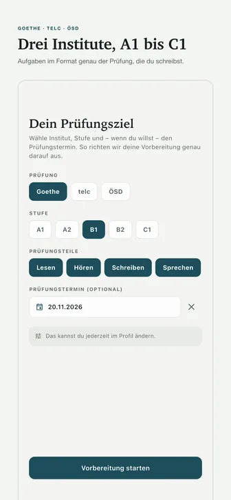 Drei Institute, A1 bis C1 — Aufgaben im Format genau der Prüfung, die du schreibst.
