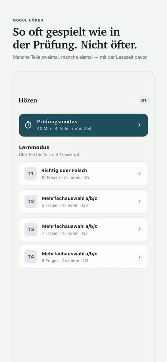 So oft gespielt wie in der Prüfung. Nicht öfter. — Manche Teile zweimal, manche einmal — mit der Lesezeit davor.