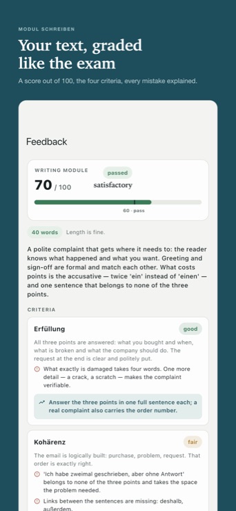 Feedback on a written text: 78 out of 100, criteria with reasons