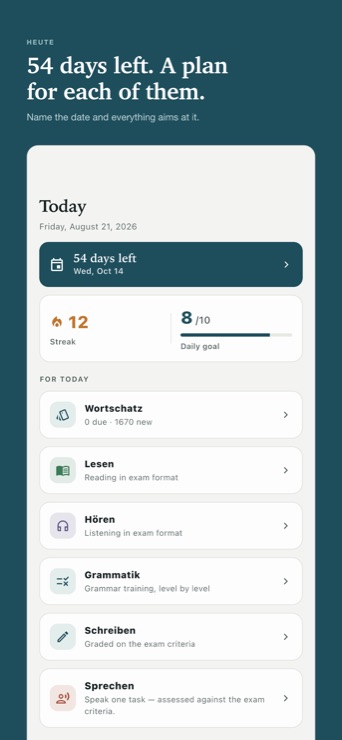 Home screen with a countdown to the exam and a plan for the day