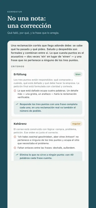No una nota: una corrección — Qué falló, por qué, y la frase que lo arregla.