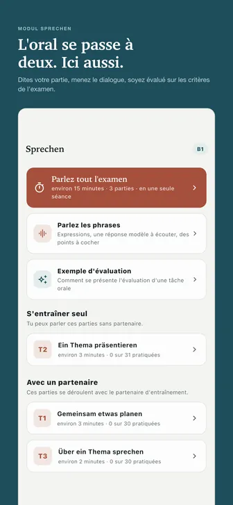 L'oral se passe à deux. Ici aussi. — Dites votre partie, menez le dialogue, soyez évalué sur les critères de l'examen.