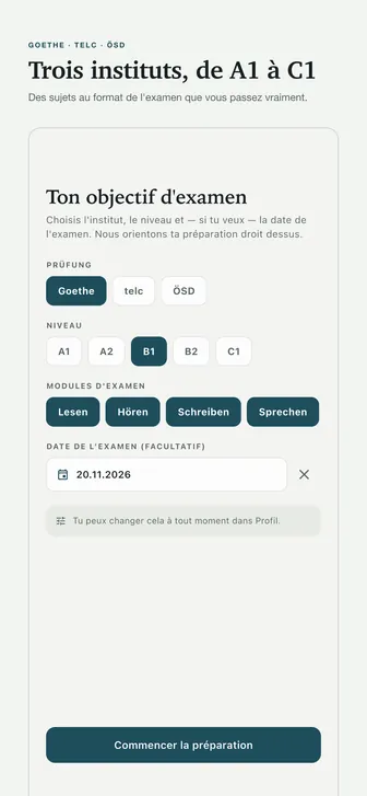 Trois instituts, de A1 à C1 — Des sujets au format de l'examen que vous passez vraiment.