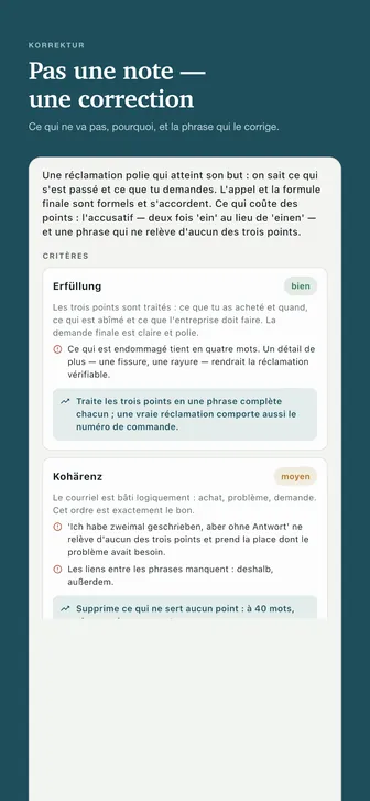 Pas une note — une correction — Ce qui ne va pas, pourquoi, et la phrase qui le corrige.