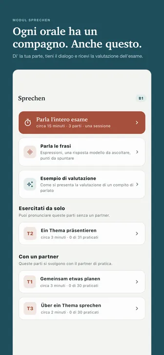 Ogni orale ha un compagno. Anche questo. — Di' la tua parte, tieni il dialogo e ricevi la valutazione dell'esame.