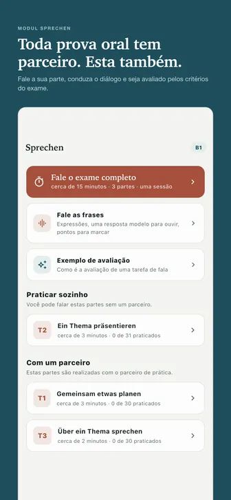 Toda prova oral tem parceiro. Esta também. — Fale a sua parte, conduza o diálogo e seja avaliado pelos critérios do exame.