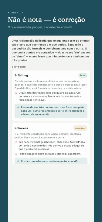 Não é nota — é correção — O que saiu errado, por quê, e a frase que conserta.