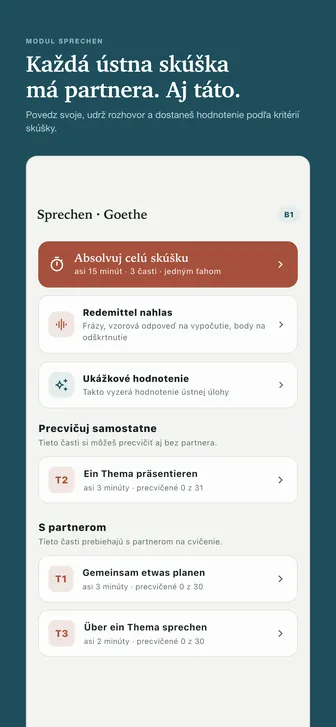 Každá ústna skúška má partnera. Aj táto. — Povedz svoje, udrž rozhovor a dostaneš hodnotenie podľa kritérií skúšky.