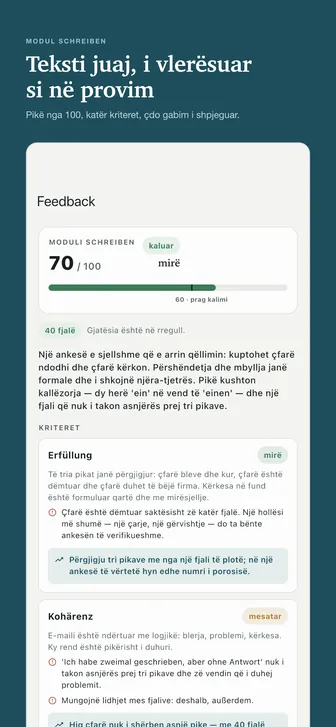 Teksti juaj, i vlerësuar si në provim — Pikë nga 100, katër kriteret, çdo gabim i shpjeguar.
