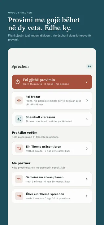 Provimi me gojë bëhet në dy veta. Edhe ky. — Flisni pjesën tuaj, mbani dialogun, vlerësohuni sipas kritereve të provimit.