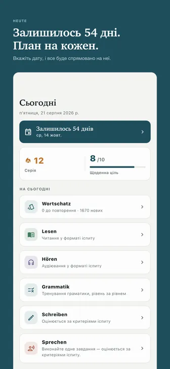 Залишилось 54 дні. План на кожен. — Вкажіть дату, і все буде спрямовано на неї.