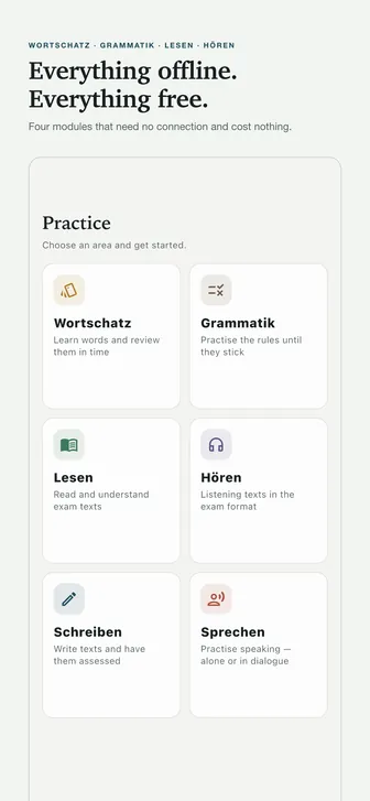 Everything offline. Everything free. — Four modules that need no connection and cost nothing.