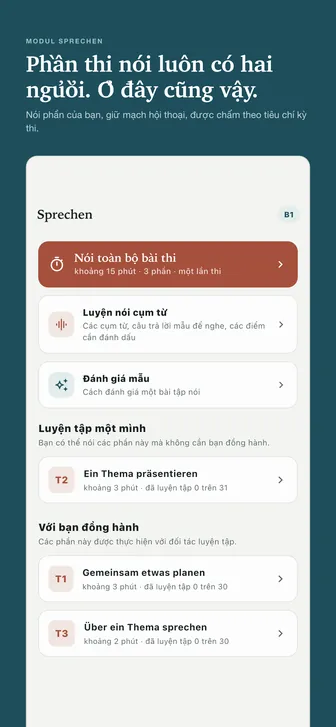 Phần thi nói luôn có hai người. Ở đây cũng vậy. — Nói phần của bạn, giữ mạch hội thoại, được chấm theo tiêu chí kỳ thi.