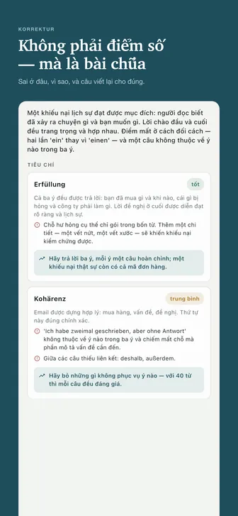 Không phải điểm số — mà là bài chữa — Sai ở đâu, vì sao, và câu viết lại cho đúng.